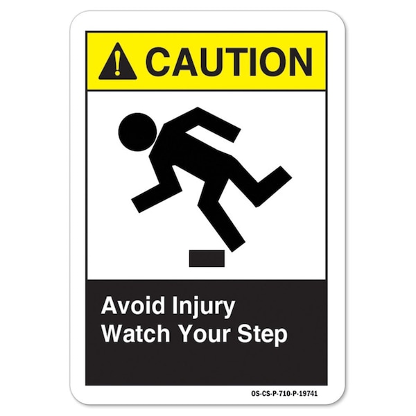 ANSI Caution Sign, Avoid Injury Watch Your Step, 14in X 10in Aluminum, 10" W, 14" L, Landscape